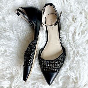 BCBG Black Leather Pointed-Toe Flats with Waffle Weave Detail